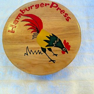 Vintage Wooden Handpainted Hinged Hamburger Press With Rooster Made In Japan