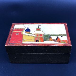 Vintage Folk Art Wood Trinket Box Made In Soviet Union Hand Painted