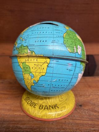 Vintage J.  Chein Co.  Tin Litho Metal World Globe Coin Bank Made In Usa