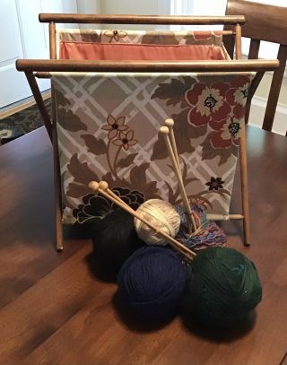 Vintage Folding Needlework Bag With Yarn And Needles