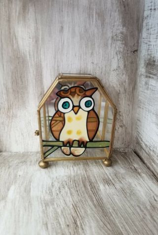 Vintage 1970s Owl Leaded & Stained Glass Trinket Mirrored Jewelry Box Retro Mod