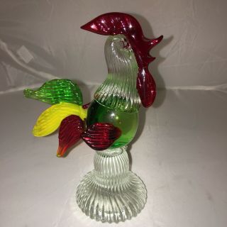 Vintage 6.  5 " Multi - Color Murano Style Art Glass Hand Blown Rooster Figurine