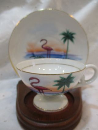 Vintage Hand Painted Child/demi Florida Pink Flamingo & Palm Tree Cup & Saucer