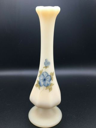 Vintage Fenton Hand Painted Blue Dogwood Flowers On Custard Satin Bud Vase