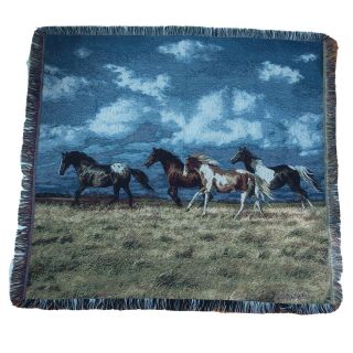 Vtg Chris Cummings Wild Galloping Horses Tapestry Throw Blanket Fringe 50”x55”