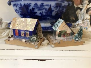 2 Vintage 1920 - 1930s Cardboard Christmas Village Glitter Houses Mica