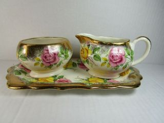 Gorgeous Vintage Golden Rose Creamer Sugar Bowl Plate England Floral Gold Beauty