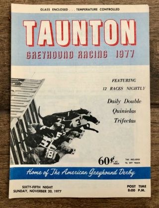 1977 November 20 Vintage Taunton Greyhound Racing 65th Night Dog Track Program