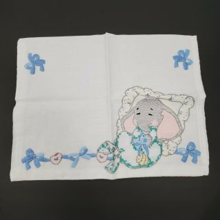 Vintage Hand Embroidered Cross Stitch Baby Crib Pillow Case Elephant Bows