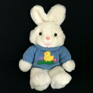 Vtg Main Joy White Bunny Rabbit Plush Stuffed Blue Sweater Chick Eggs Grass 21 "