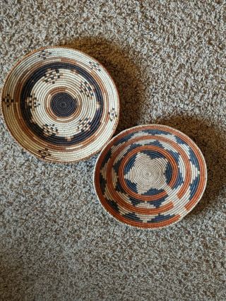 2 Vintage American Southwest Hand Woven Round Basket With Geometric Designs