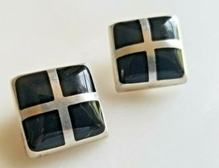Vintage Modernist Taxco Mexico Sterling Silver Inlaid Onyx Stone Clip Earrings