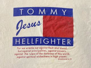 Vintage 90s Tommy Hilfiger Hellfighter Big Flag Christian Jesus T - Shirt Size L