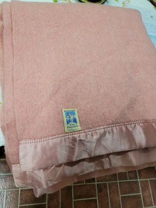 Vintage Kenwood Wool Products Arondac Satin Trim Dusty Rose Blanket 76x90 Exc