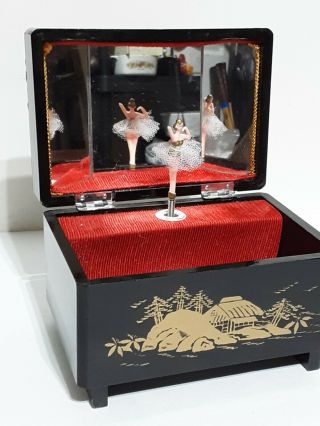 Vintage Japanese Black Lacquer Wind Up Ballerina Musical Jewelry Trinket Box