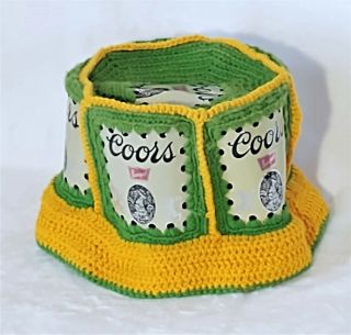 Vintage Handmade Crocheted Beer Can Bucket Hat Coors Green/yellow Goofy Packers