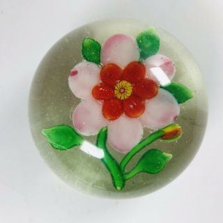 Vintage Chinese Art Glass Lampwork Paperweight Pink Flower Floral