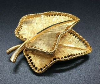 Vintage Signed Bsk Gold Tone Double Leaf Pin Brooch Pierced Edge Retro Statement