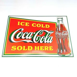 Vintage 1989 Coca Cola Tin Sign Ice Cold Here 17 - 7/8 " X 12 - 3/4 " Advertising