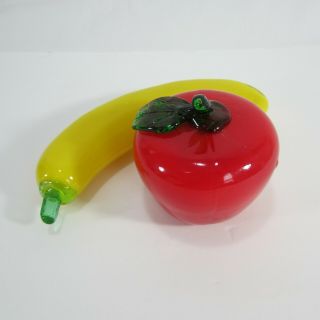 Art Glass Fruit Vintage Hand Blown Red Apple And Yellow Banana With Green Stems