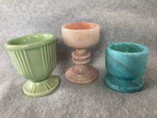 3 Vintage Egg Cups Marble And Ceramic
