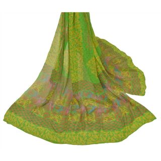 Sanskriti Vintage Dupatta Long Stole Pure Georgette Silk Green Printed Scarves