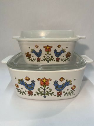 2 Vtg 1975 Corning Ware Country Festival Casserole Dishes & Lids 2 3/4a 1 1/2 B