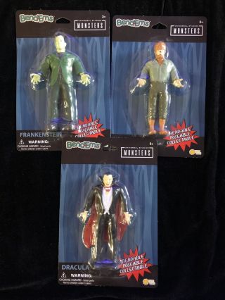 Universal Studios Monsters Bend - Ems Dracula Frankenstein Wolfman Set Of 3 Figure