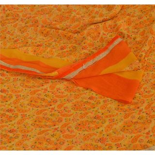 Sanskriti Vintage Yellow Saree Blend Georgette Printed 5 Yard Sari Craft Fabric