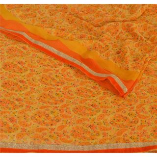 Sanskriti Vintage Yellow Saree Blend Georgette Printed 5 Yard Sari Craft Fabric 2