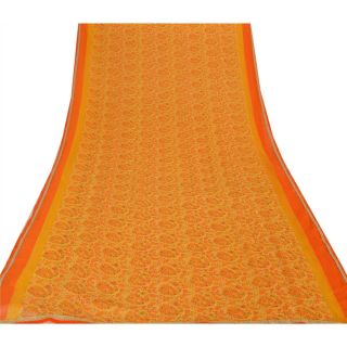 Sanskriti Vintage Yellow Saree Blend Georgette Printed 5 Yard Sari Craft Fabric 3