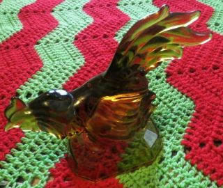 Vintage Large 10” X 8.  75” Heavy Amber Glass Rooster Figurine