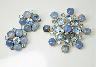 Vtg Weiss Blue Rhinestone Pin Brooch And Clip Earrings Set Hollywood Regency Era