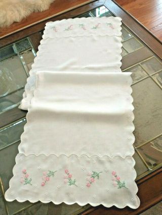 Vintage Embroidered Table Runner Dresser Scarf 15x48 " Pink Daisies - White Linen