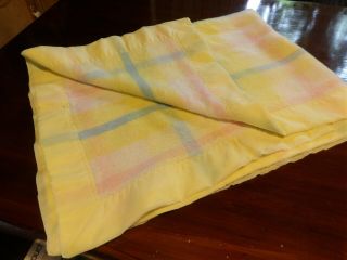 Rare Vintage Waffle Weave Plaid Pastel Thermal Yellow Satin Edge Baby Blanket