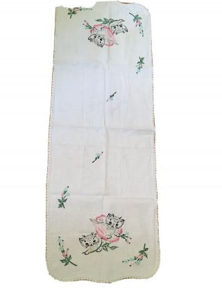 Vintage Hand Embroidered Dresser Scarf Hand Crocheted Edge Kittens & Floral