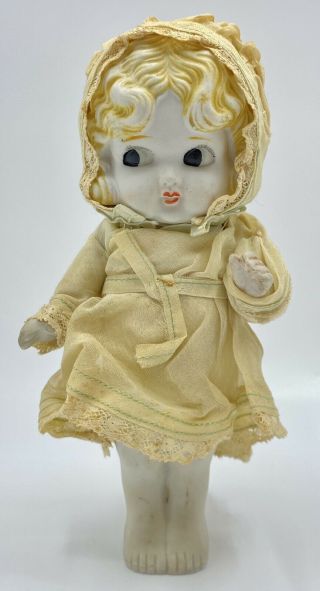 7 " Antique Bisque Charlotte Doll Blonde Hair Jointed Arms Yellow Outfit Japan