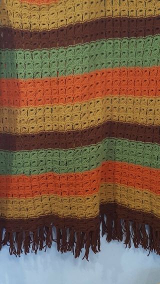 Vintage 70s Handmade Crochet Afghan Blanket Stripe 43 " X86 " Green Gold Brown