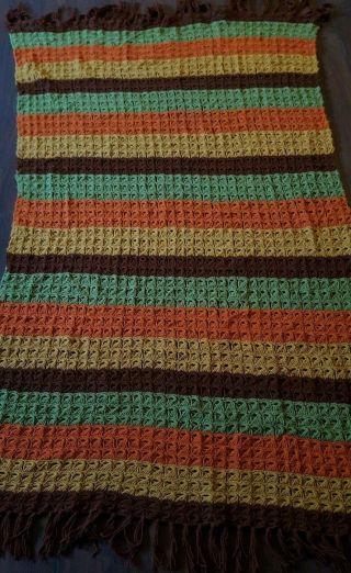 Vintage 70s Handmade Crochet Afghan Blanket Stripe 43 