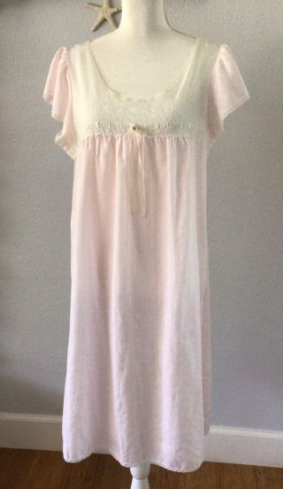 Vtg Miss Elaine Lightweight Soft Cotton Nightgown,  Pink/white Lace,  Usa