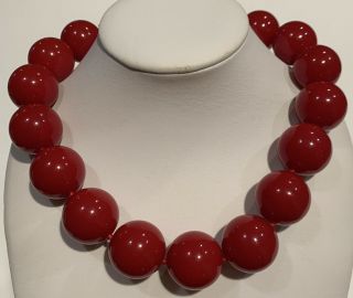 Vintage Signed Monet Chunky Red Lucite Beaded Necklace Choker Gold Tone