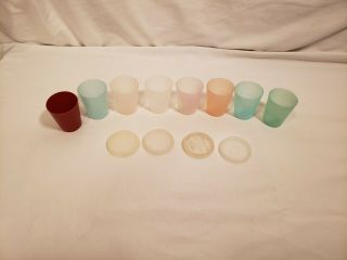 Vintage Tupperware Mini Tumblers,  8 Cups,  4 Lids,  Pastels,  1 Red,