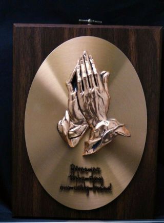 Vintage Wood Copper Praying Hands Wall Plaque Give Us This Day Our Daily Bread