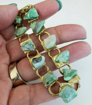 Vtg Green Agate Polished Stones Gold Tone Bracelet Book - Chain Fold Over Clasp