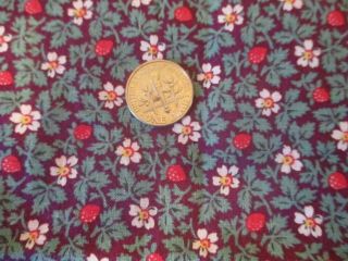 Vintage Strawberry Fabric Cotton Tiny Red Strawberries White Blossoms 44 X 48