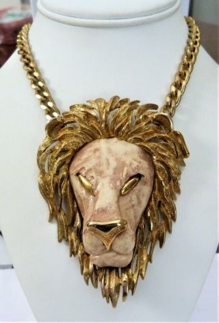 4 " Huge Massive Vintage Unsigned Razza Lion Head Pendant Chunky Chain Necklace