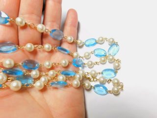 Blue Oval Translucent White Faux Pearl Beaded Necklace Vintage