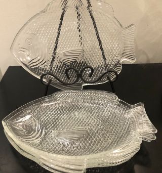 Vintage Clear Pressed Glass Fish Shaped Plates Oven Proof Made In Usa Set Of 4