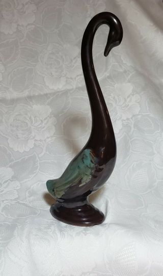 Vintage Mcm Japan Redware Swan Long Neck Figurine Brown & Teal Green Glaze