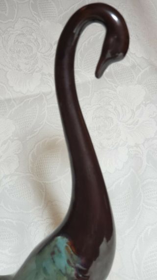 Vintage MCM Japan Redware Swan Long Neck Figurine Brown & Teal Green Glaze 3